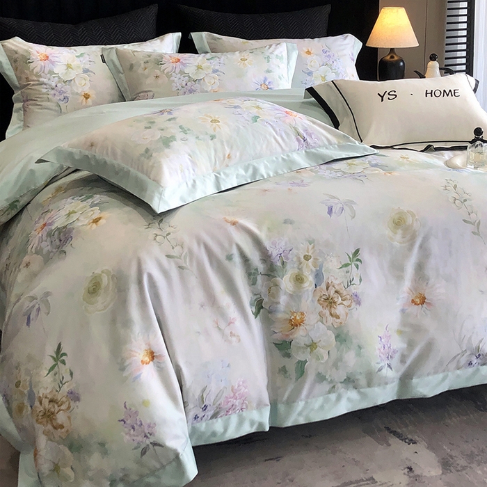 91家纺网 家纺一手货源 找家纺 薏思家纺 2025新款100支长绒棉数码印花飞边款四件套 晚香青玉