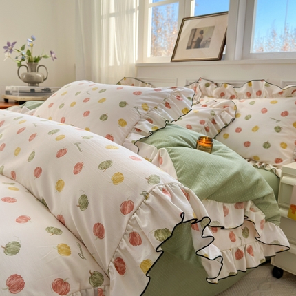 91家纺网 家纺一手货源 找家纺 寐居家纺 2025新款韩版舒柔绵四件套 花边款-多彩南瓜