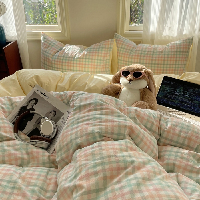 91家纺网 家纺一手货源 找家纺 雅居纺家纺 2025全棉色织水洗棉四件套 奶油格