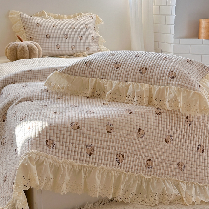 91家纺网 家纺一手货源 找家纺 金丝鸟 2025全棉镂空白色花边款韩式床盖 puppy小狗