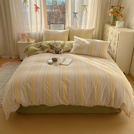雅居纺家纺 2025全棉色织水洗棉四件套 麦田绿