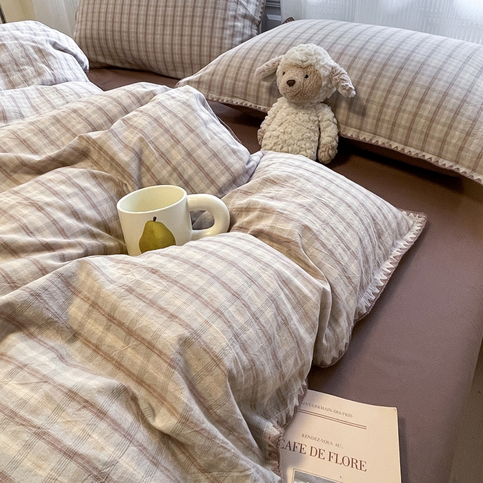 91家纺网 家纺一手货源 找家纺 蓝邻家纺 2025年新款全棉水洗棉贝壳边四件套系列 日落灰