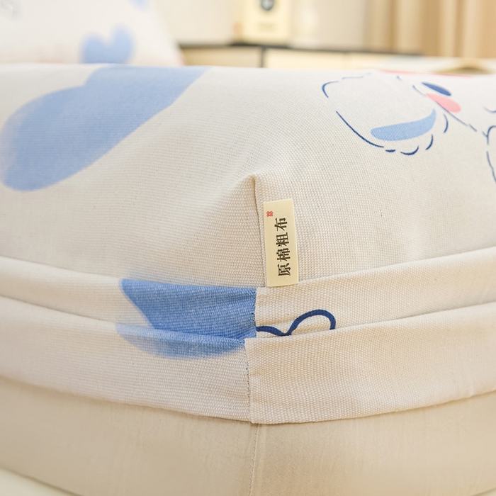 91家纺网 家纺一手货源 找家纺 棉乐町家居  2025新款原棉粗布床笠 樱桃笑脸兔