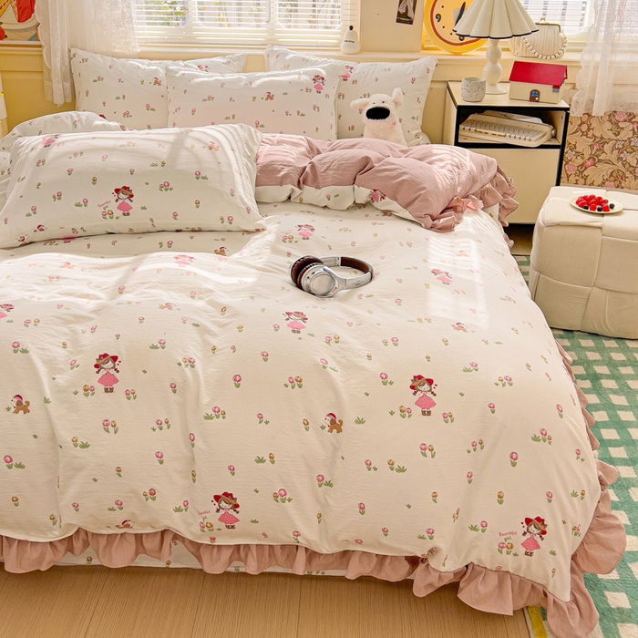 91家纺网 家纺一手货源 找家纺 纽缦家纺 2025新款云感提花双层纱韩版四件套 蜜糖之恋