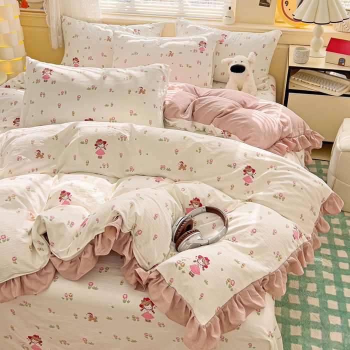 91家纺网 家纺一手货源 找家纺 纽缦家纺 2025新款云感提花双层纱韩版四件套 蜜糖之恋