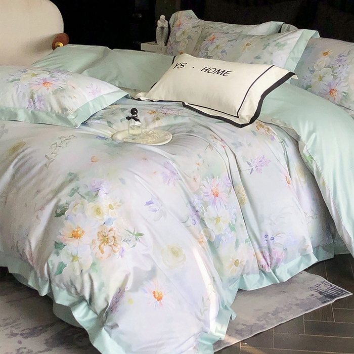 91家纺网 家纺一手货源 找家纺 薏思家纺 2025新款100支长绒棉数码印花飞边款四件套 晚香青玉