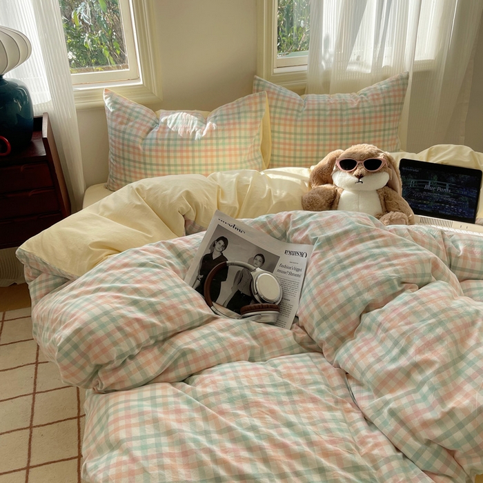 91家纺网 家纺一手货源 找家纺 雅居纺家纺 2025全棉色织水洗棉四件套 奶油格