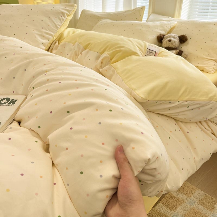 91家纺网 家纺一手货源 找家纺 新印象 2025新款有氧针织棉双层纱四件套点点