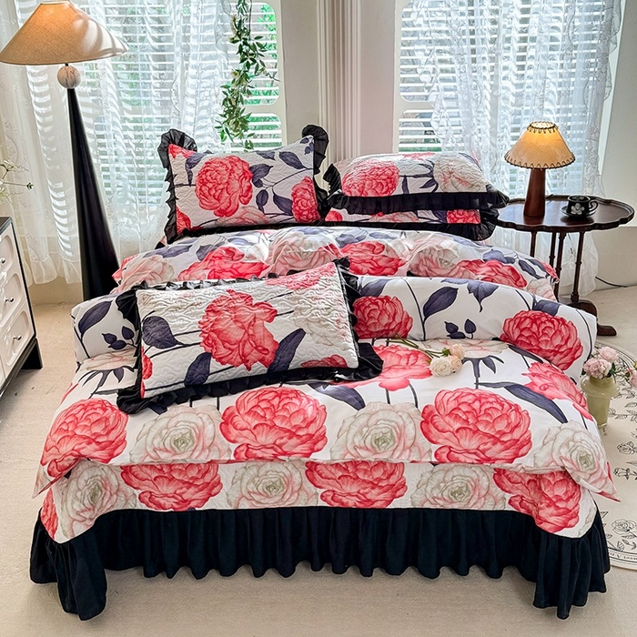 91家纺网 家纺一手货源 找家纺 金盛皇朝家纺 2025新款法式赫本风大花卉床盖四件套 花开富贵