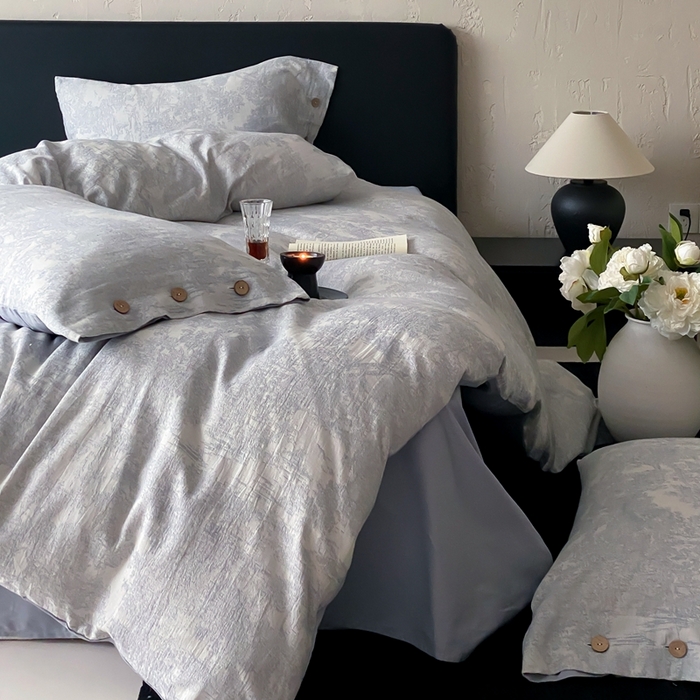 91家纺网 家纺一手货源 找家纺 旷野 2025新款全棉色织提花四件套 雾凇-蓝