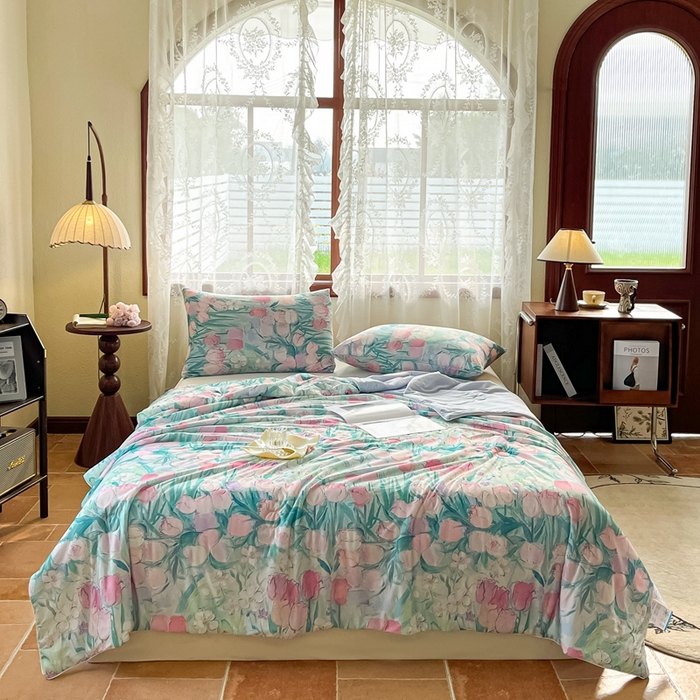 91家纺网 家纺一手货源 找家纺 小禹仔 2025新款针织凉感丝印花夏被夏凉被 郁情粉