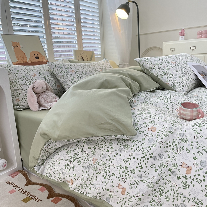 91家纺网 家纺一手货源 找家纺 丫丫家纺  2025新款13070全棉喷气小清新印花单品套件系列-四件套 松鼠小鹿