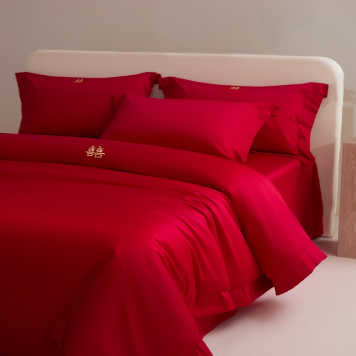 91家纺网 家纺一手货源 找家纺 （总）秀色家纺 2025新款高档100支新疆长绒棉婚庆四件套纯棉喜被全棉大红色结婚床单被套-囍