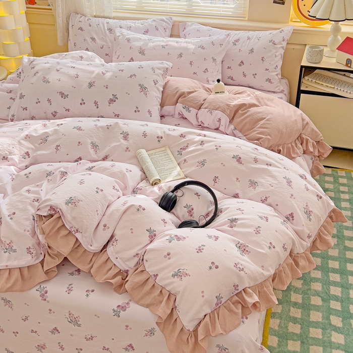 91家纺网 家纺一手货源 找家纺 纽缦家纺 2025新款云感提花双层纱韩版四件套 葡萄七分甜