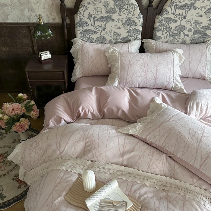 91家纺网 家纺一手货源 找家纺 亲亲公主 2025新款棉麻棉麻提花四件套 秘意-粉色