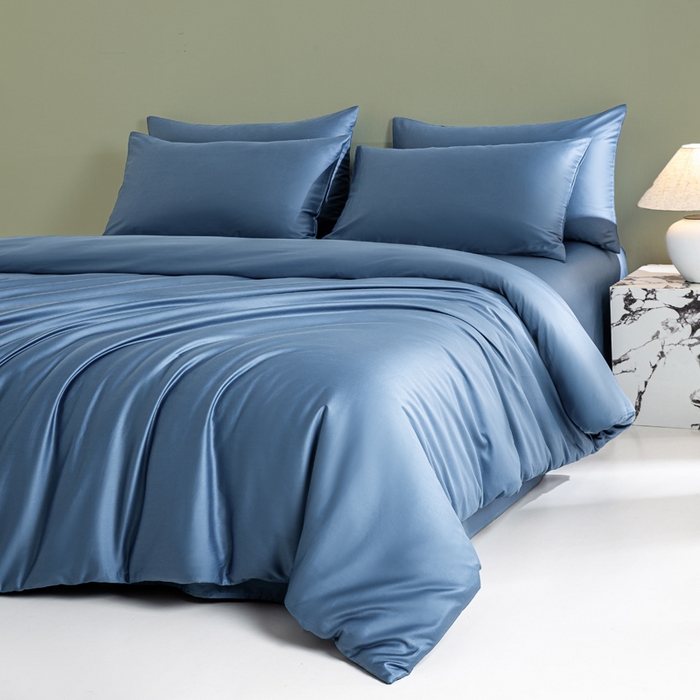 91家纺网 家纺一手货源 找家纺 沃尔居 2025新款全棉长绒棉四件套纯色贡缎纯棉被套床笠款三件套 宾利蓝