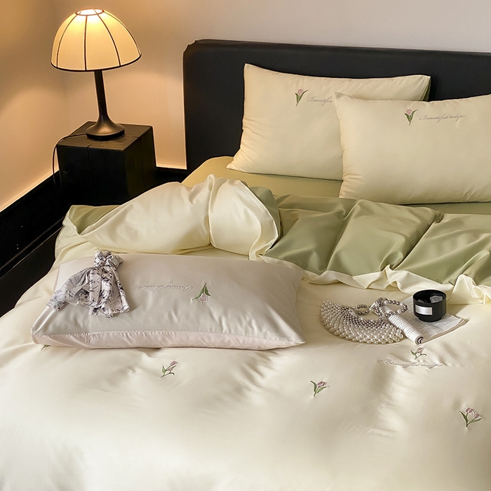 91家纺网 家纺一手货源 找家纺 Mr.pig猪先生水洗棉 2025新款天丝棉绣花郁金香系列四件套 郁金香-水竹绿