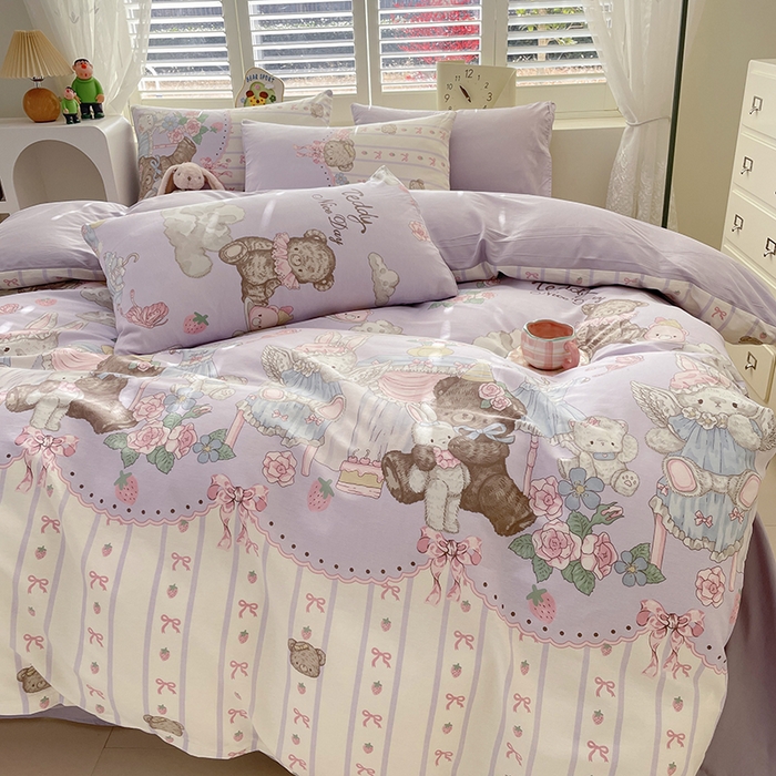 91家纺网 家纺一手货源 找家纺 丫丫家纺  2025新款13070全棉喷气小清新印花单品套件系列-四件套 童话镇