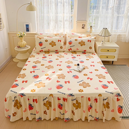 极梦家纺（支持定制）  2026新款春秋130克加厚植物羊绒磨毛印花单床裙三件套 草莓恋曲