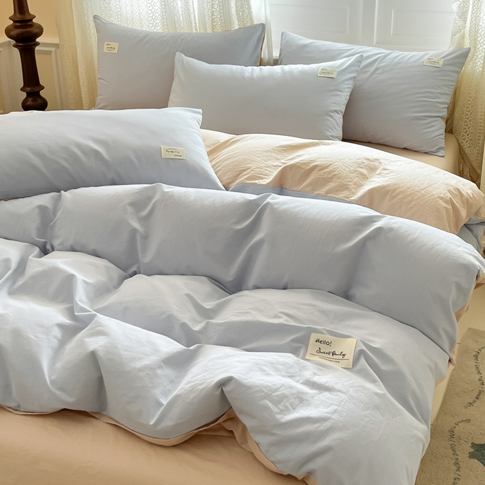 91家纺网 家纺一手货源 找家纺 寐居家纺 2025新款色织水洗棉套件 星空蓝+米金