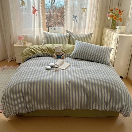 雅居纺家纺 2025全棉色织水洗棉四件套 竖条绿