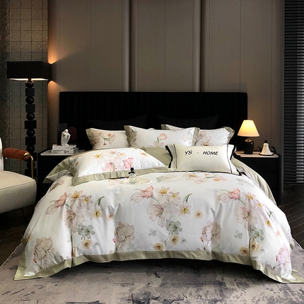 薏思家纺 2025新款100支长绒棉数码印花飞边款四件套 知否青