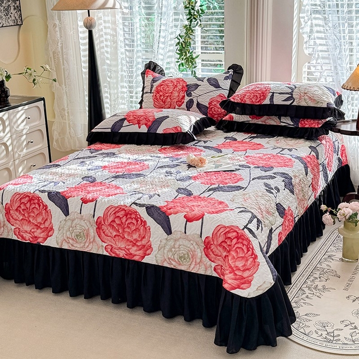 91家纺网 家纺一手货源 找家纺 金盛皇朝家纺 2025新款法式赫本风大花卉床盖四件套 花开富贵