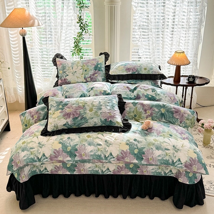 91家纺网 家纺一手货源 找家纺 金盛皇朝家纺 2025新款法式赫本风大花卉床盖四件套 水墨轻舞