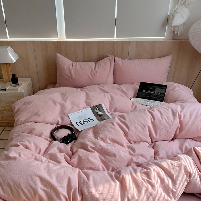 91家纺网 家纺一手货源 找家纺 雅居纺家纺 2025全棉色织水洗棉四件套 千鸟格粉