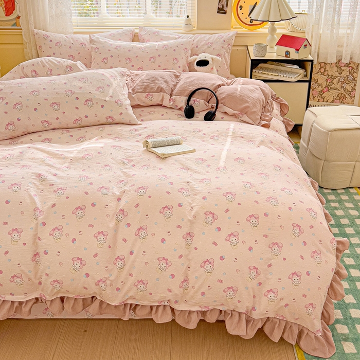 91家纺网 家纺一手货源 找家纺 纽缦家纺 2025新款云感提花双层纱韩版四件套 小鸥鸥