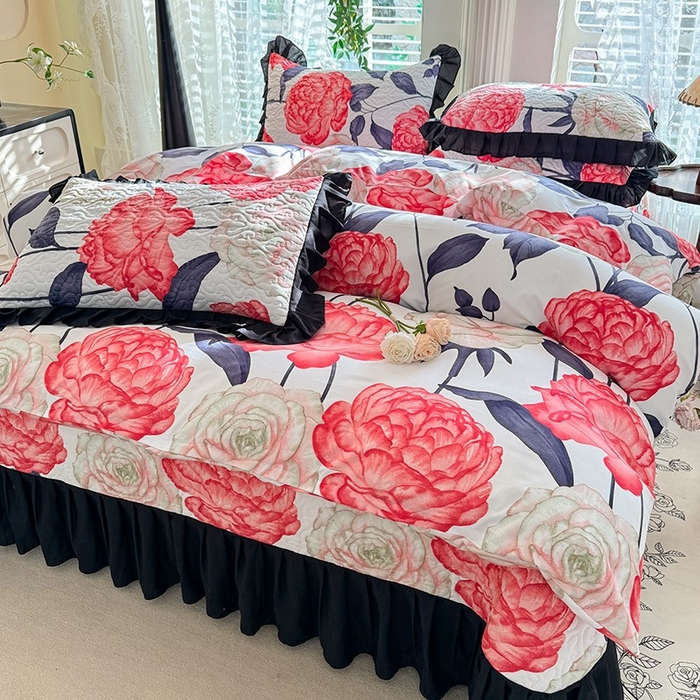 91家纺网 家纺一手货源 找家纺 金盛皇朝家纺 2025新款法式赫本风大花卉床盖四件套 花开富贵