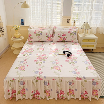 极梦家纺（支持定制）  2025新款春秋130克加厚植物羊绒磨毛印花单床裙三件套 魅力山茶