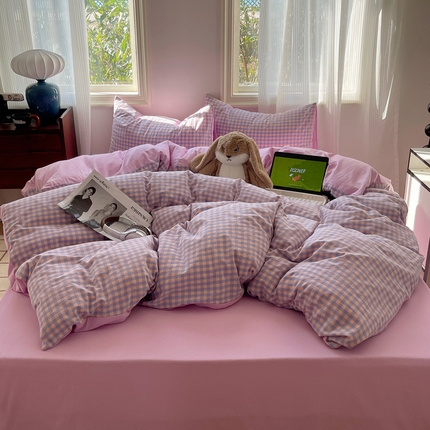 雅居纺家纺 2025全棉色织水洗棉四件套 紫小格