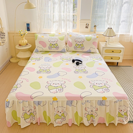 极梦家纺（支持定制）  2025新款春秋130克加厚植物羊绒磨毛印花单床裙三件套 多彩萌熊