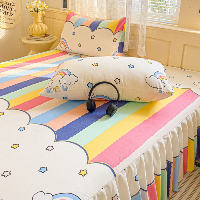 91家纺网 家纺一手货源 找家纺 极梦家纺（支持定制）  2025新款春秋130克加厚植物羊绒磨毛印花单床裙三件套 彩虹桥