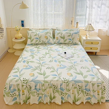 极梦家纺（支持定制）  2025新款春秋130克加厚植物羊绒磨毛印花单床裙三件套 鹊桥花卉