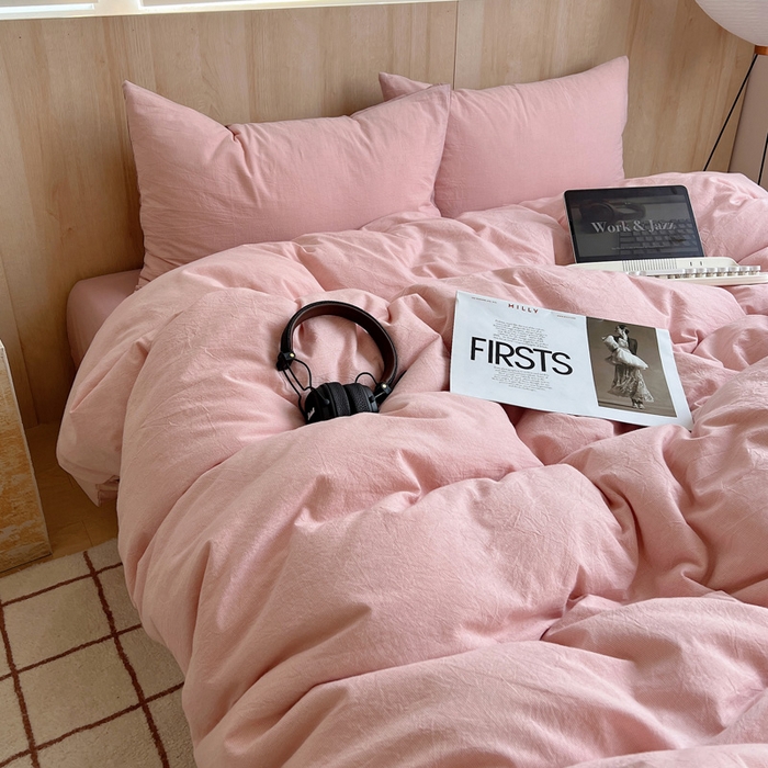 91家纺网 家纺一手货源 找家纺 雅居纺家纺 2025全棉色织水洗棉四件套 千鸟格粉