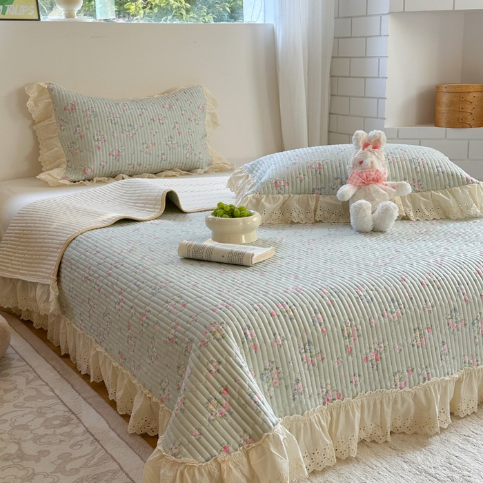 91家纺网 家纺一手货源 找家纺 金丝鸟 2025全棉镂空白色花边款韩式床盖 夏满