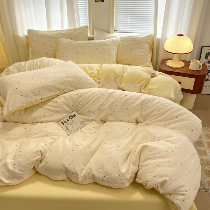 91家纺网 家纺一手货源 找家纺 新印象 2025新款有氧针织棉双层纱四件套点点