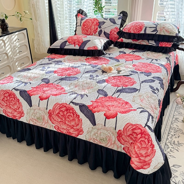 91家纺网 家纺一手货源 找家纺 金盛皇朝家纺 2025新款法式赫本风大花卉床盖四件套 花开富贵