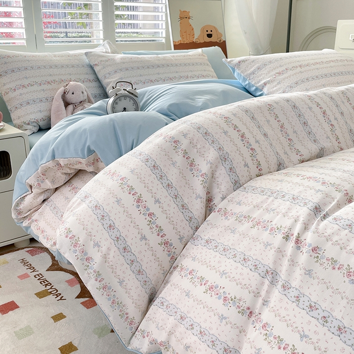 91家纺网 家纺一手货源 找家纺 丫丫家纺  2025新款13070全棉喷气小清新印花单品套件系列-四件套 水苏花条纹