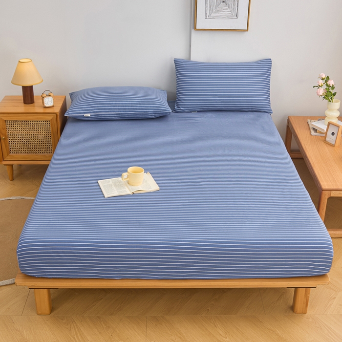 91家纺网 家纺一手货源 找家纺 棉乐町家居  2025新款原棉粗布床笠 条纹蓝