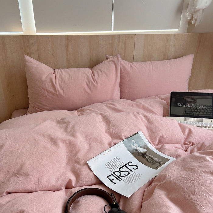 91家纺网 家纺一手货源 找家纺 雅居纺家纺 2025全棉色织水洗棉四件套 千鸟格粉