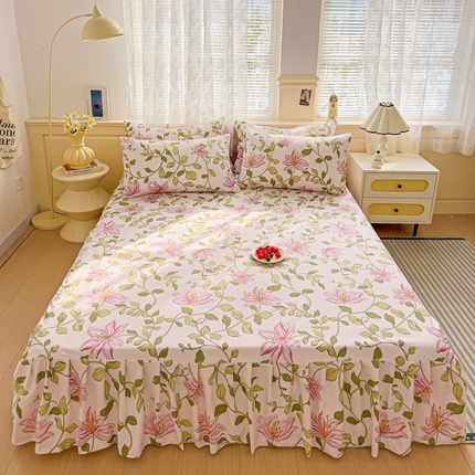 极梦家纺（支持定制）  2025新款春秋130克加厚植物羊绒磨毛印花单床裙三件套 花韵佳人