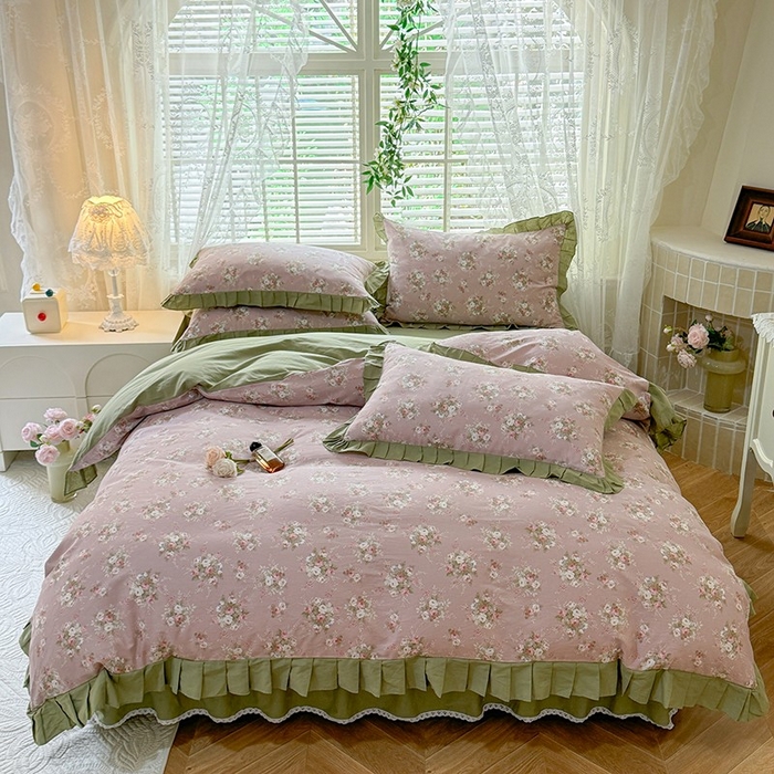 91家纺网 家纺一手货源 找家纺 （总）美达家纺 2025新款全棉纯色拼印花床裙四件套