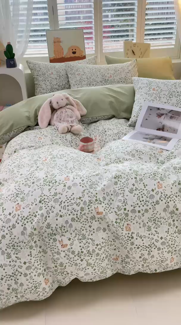 91家纺网 家纺一手货源 找家纺 丫丫家纺  2025新款13070全棉喷气小清新印花单品套件系列-四件套 松鼠小鹿