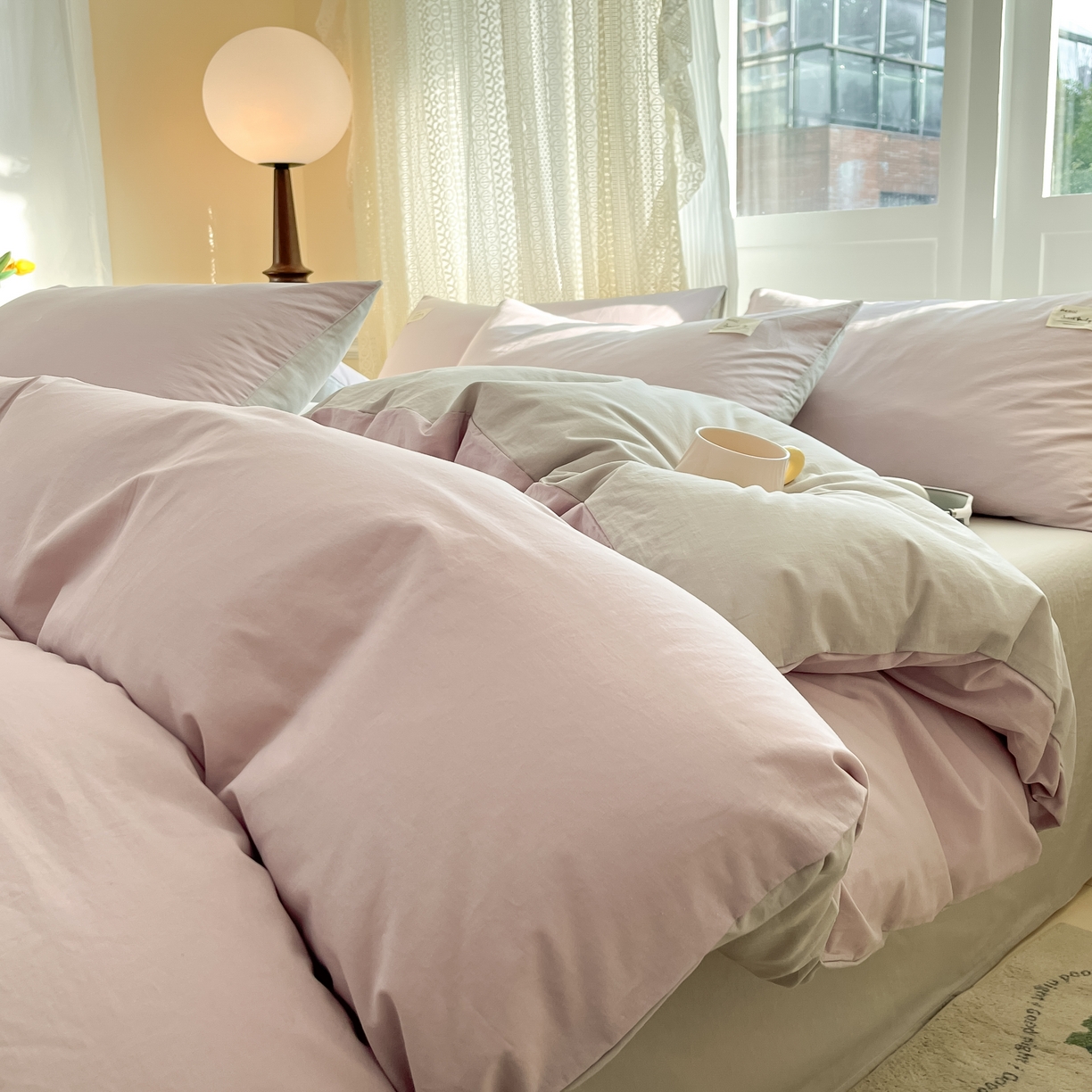 91家纺网 家纺一手货源 找家纺 寐居家纺 2025新款色织水洗棉套件 豆蔻紫+古典灰