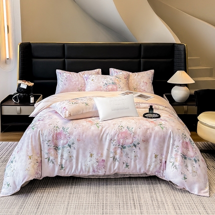 91家纺网 家纺一手货源 找家纺 优贝家纺 2025新款百分百莱赛尔天丝数码印花天丝四件套 桃花朵朵