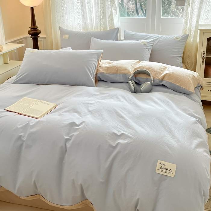 91家纺网 家纺一手货源 找家纺 寐居家纺 2025新款色织水洗棉套件 星空蓝+米金