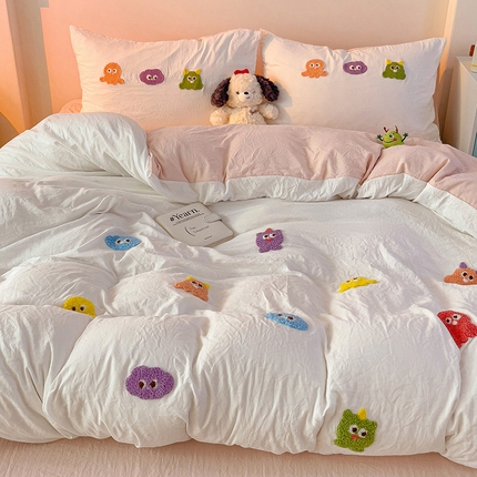 韩巢家纺  2025超柔水洗棉毛巾绣床上用品四件套-小精灵系列（提供卖家秀 ） 小精灵白浅粉